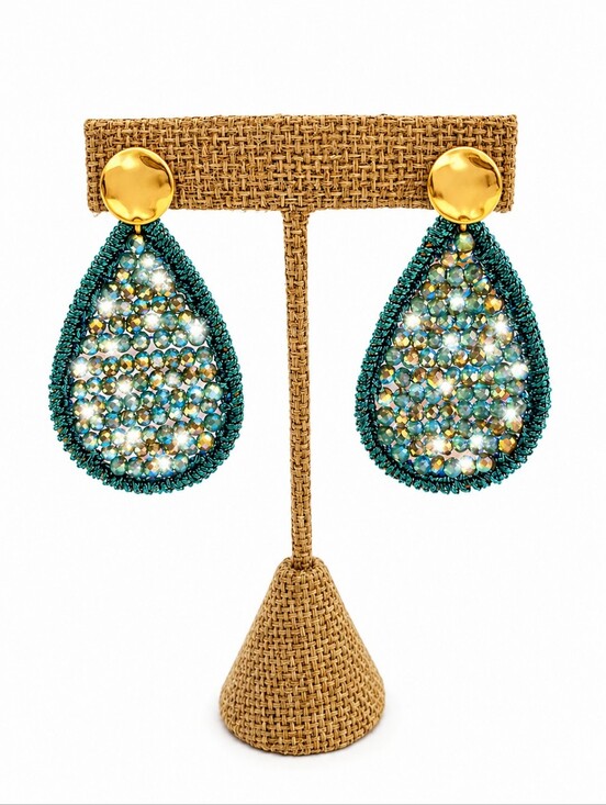Jewelry - Teal Beaded Sparkly Crystal Dangle Earrings with a Gold Stud, NWOT